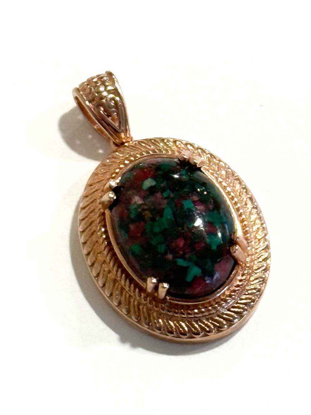 Natural Matrix Thulite Malachite Magnetic Pendant in 14K RG Over Copper
